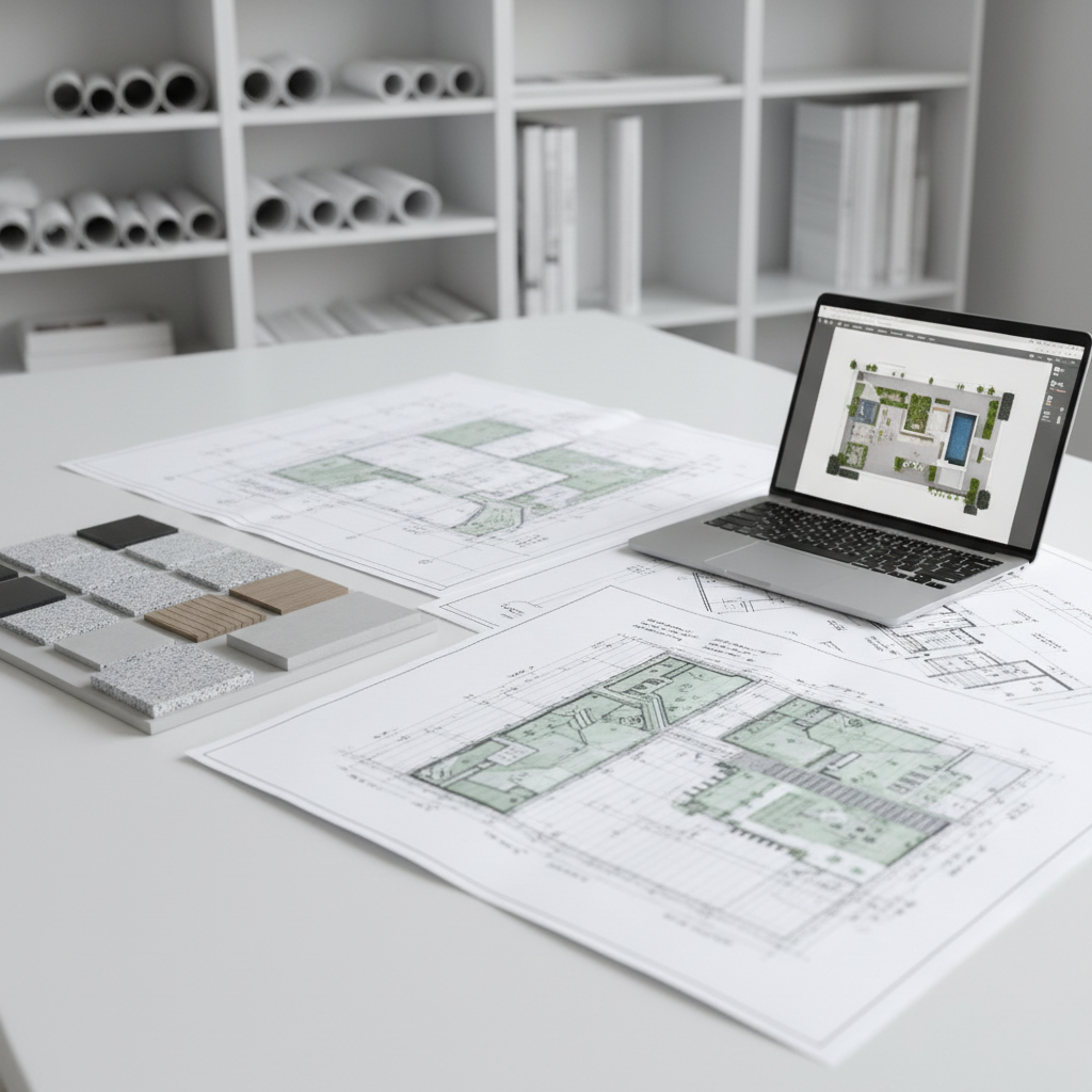 A meticulously organized landscape architect’s workspace photographed at eye level, centered on a large, matte-white drafting table. Detailed site plans of a garden are spread out, showing crisp black linework, measured grids, and carefully annotated planting zones in muted greens and grays. Beside them, high-quality material samples—small squares of light granite, composite decking, and finely textured concrete—are arranged in a precise grid. A slim silver laptop displays a rendered plan view of a courtyard. Soft, diffused daylight from an unseen window creates even, shadowless illumination, reinforcing a calm, analytical mood. The background fades into a gentle blur of shelving with neatly stacked rolled drawings. The style is photographic realism, with a minimalist, professional, corporate tone.